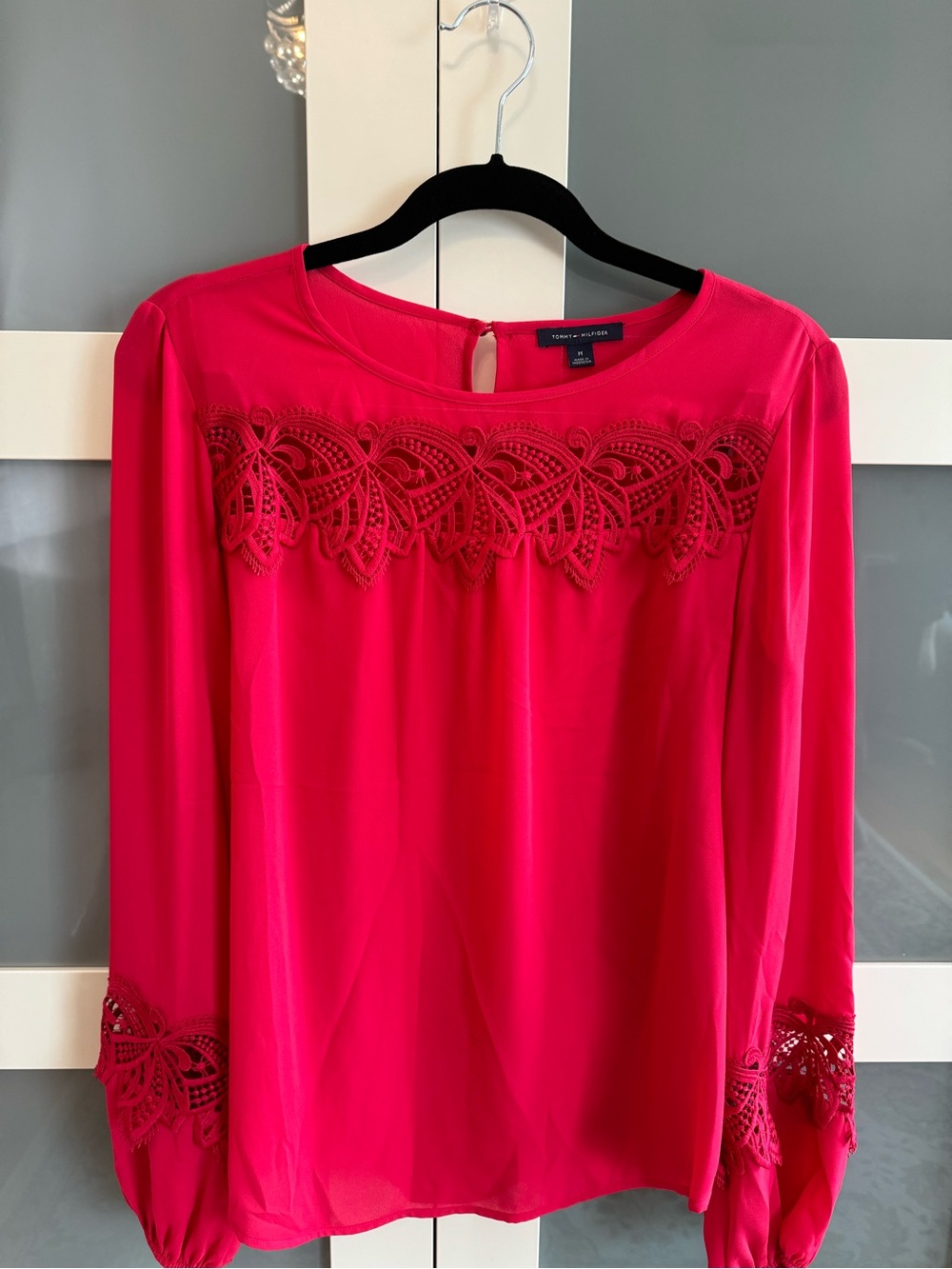 Tommy Hilfiger Hot Pink Lace-Yoke Long Sleeve Blouse